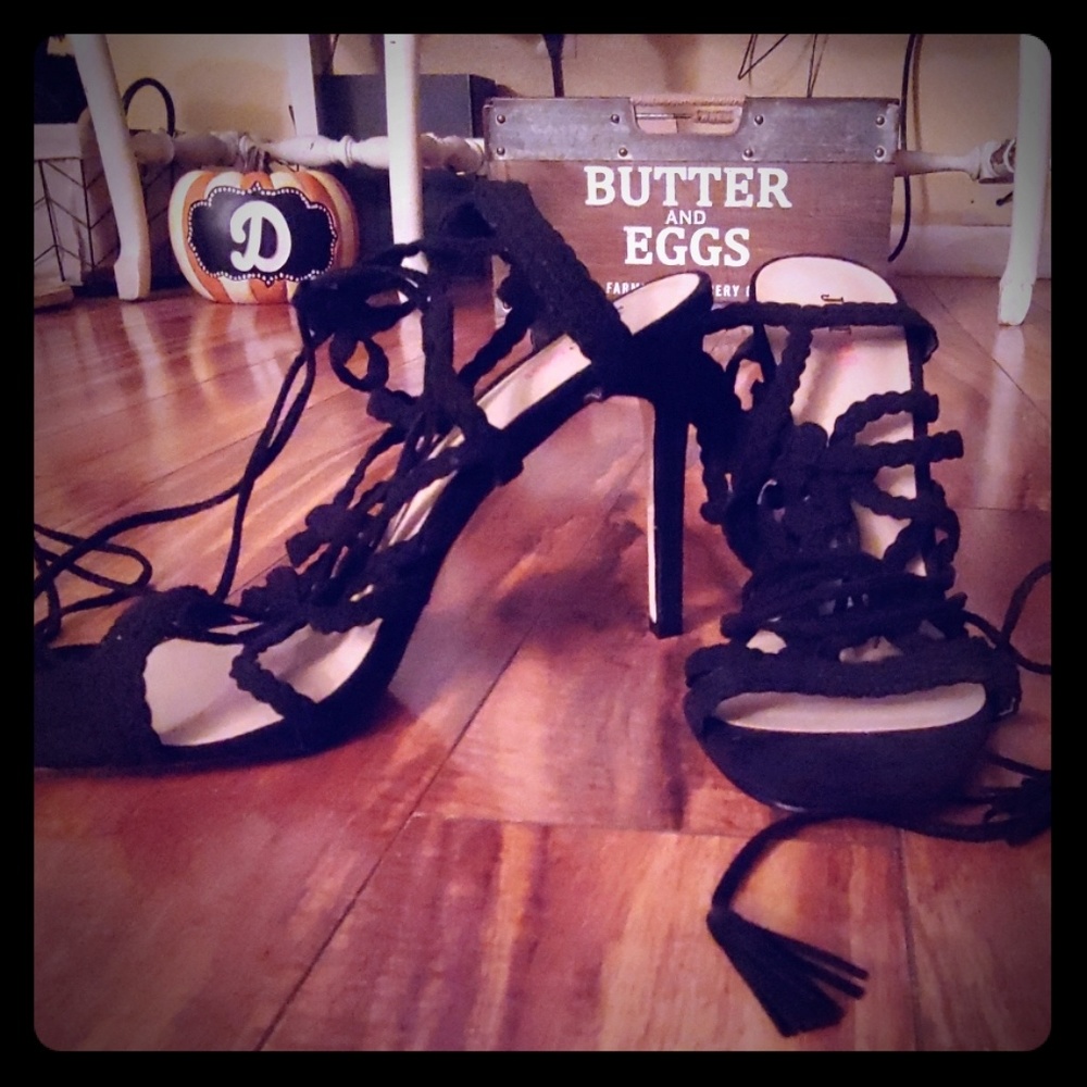 Black lace up the leg heels